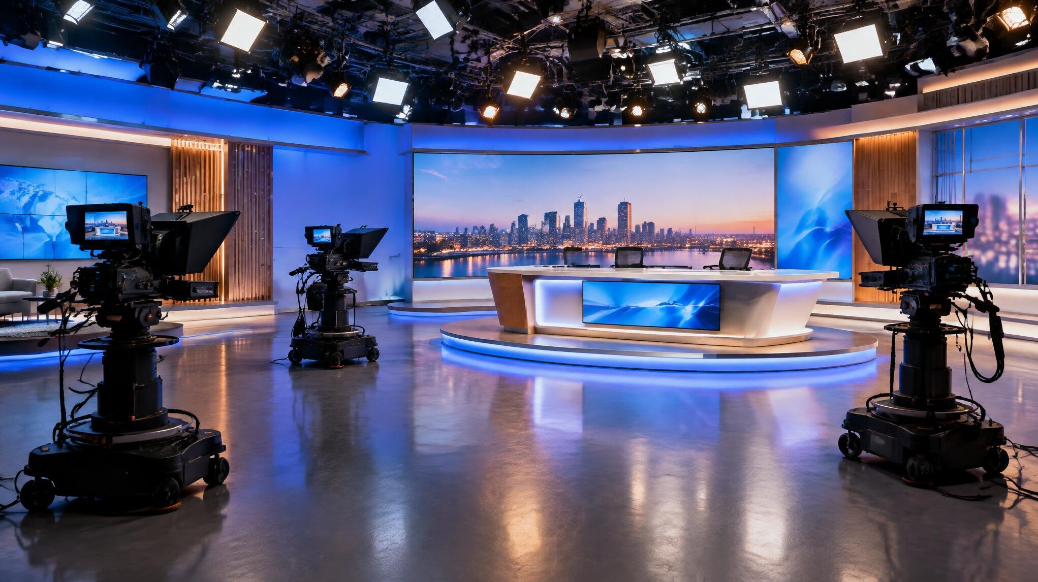 Live television studio floor with presenter desk, cameras and lighting grid