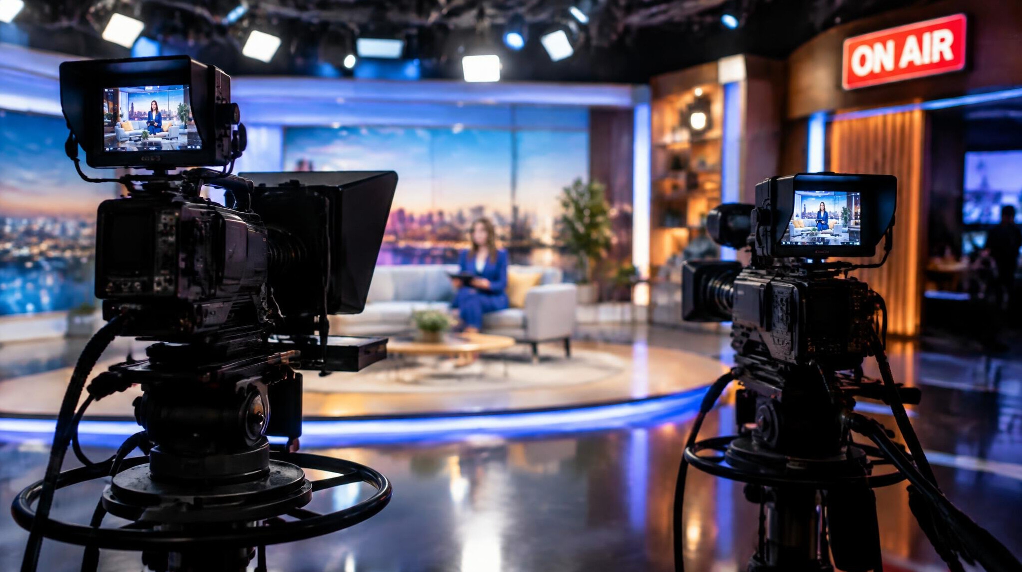 Camera operators filming a presenter on a live show set with an on-air light glowing red