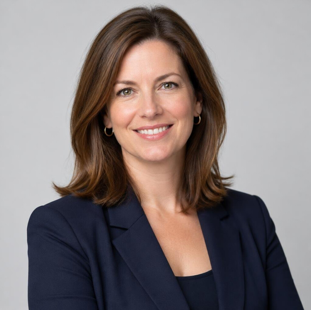 Portrait of a smiling woman with shoulder-length brown hair in a blazer, studio background