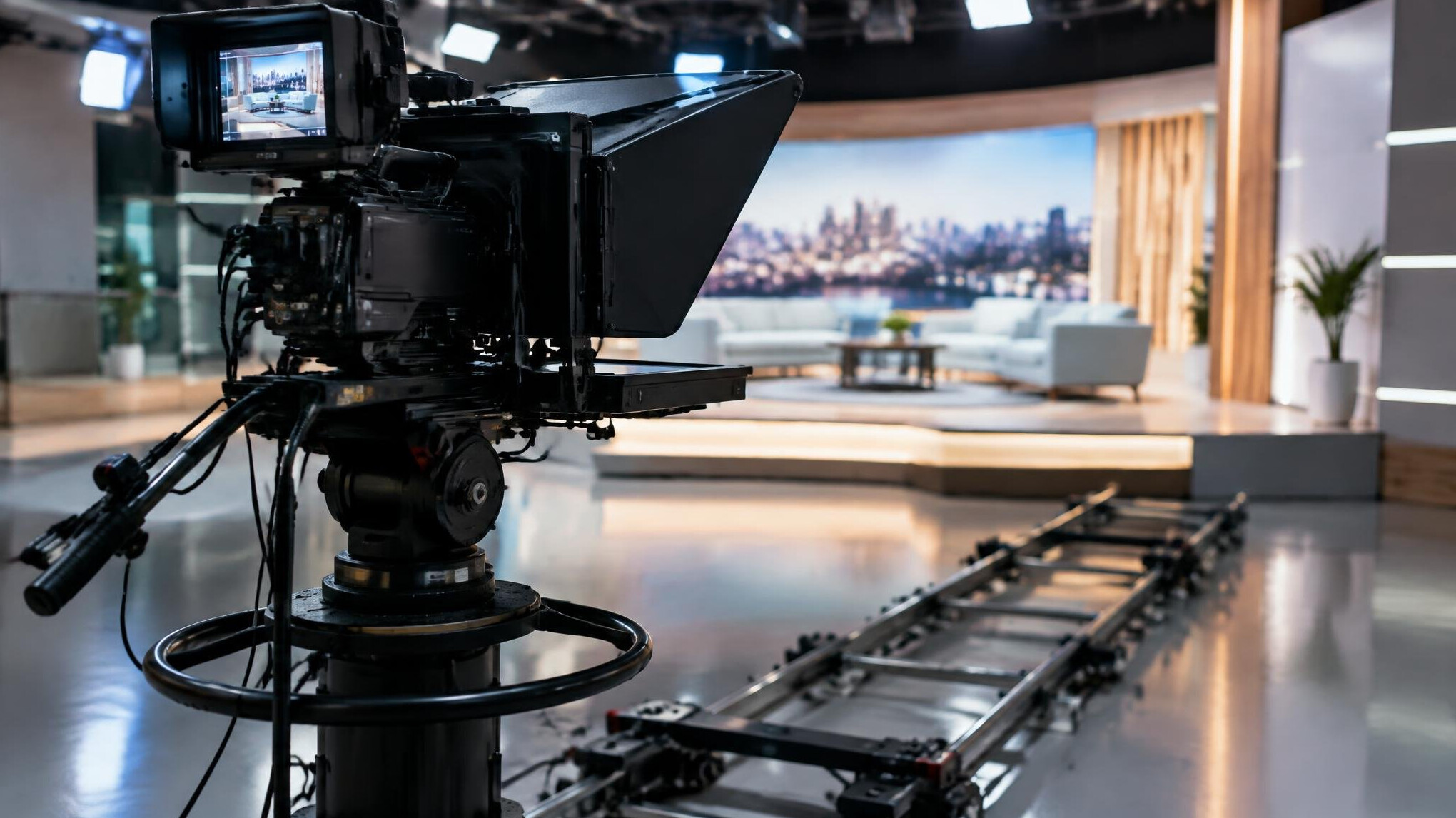 Studio camera on a track dolly with a teleprompter in a television studio