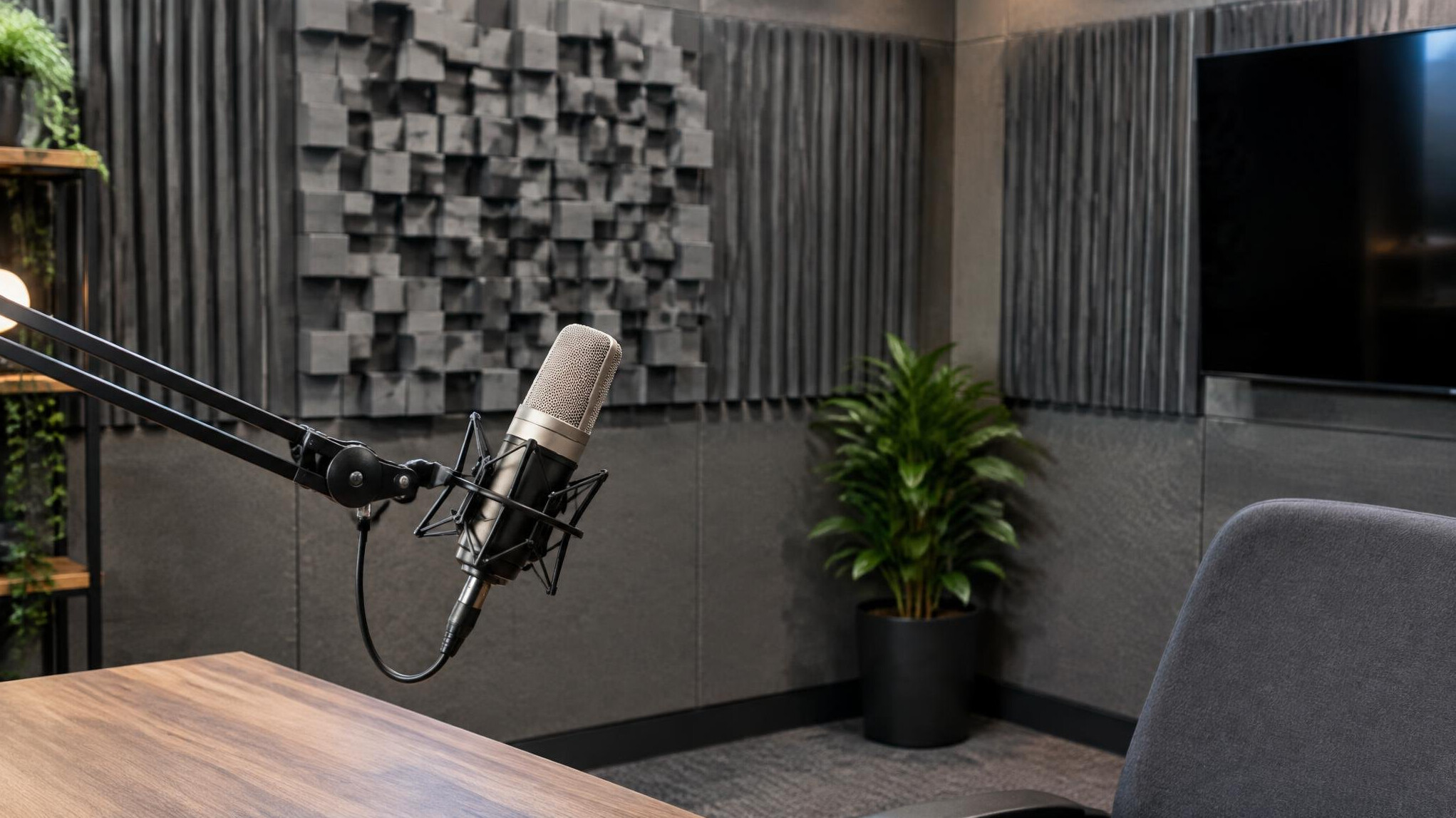 Acoustic foam panels on a studio wall with a condenser microphone on a boom arm