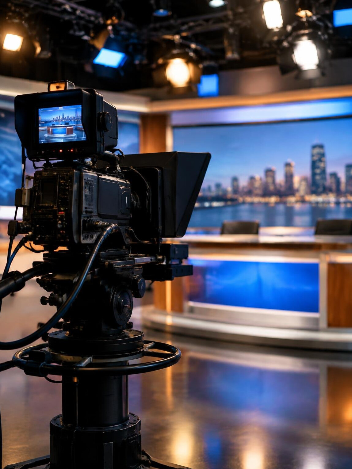 Television studio camera on a pedestal with bright studio lights and a news desk in the background