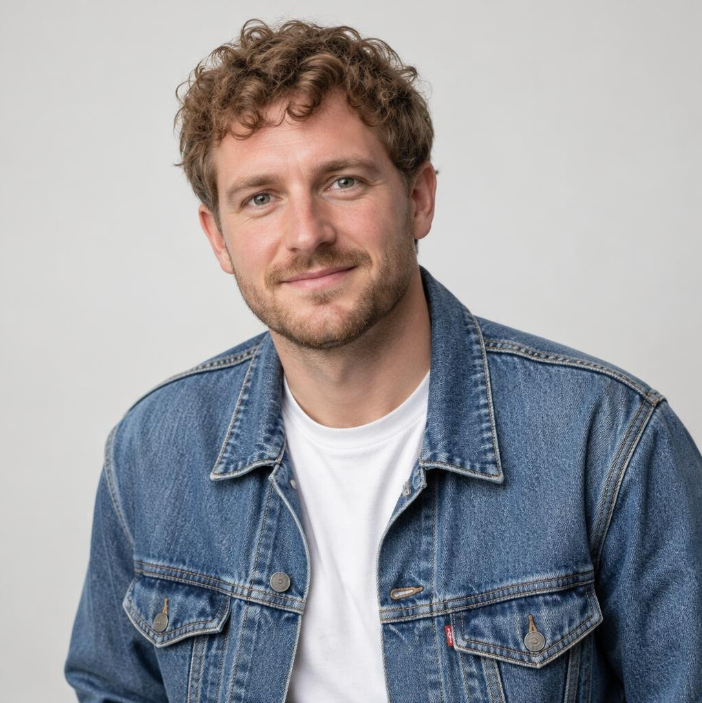 Portrait of a young man with short curly hair and a denim jacket smiling at the camera